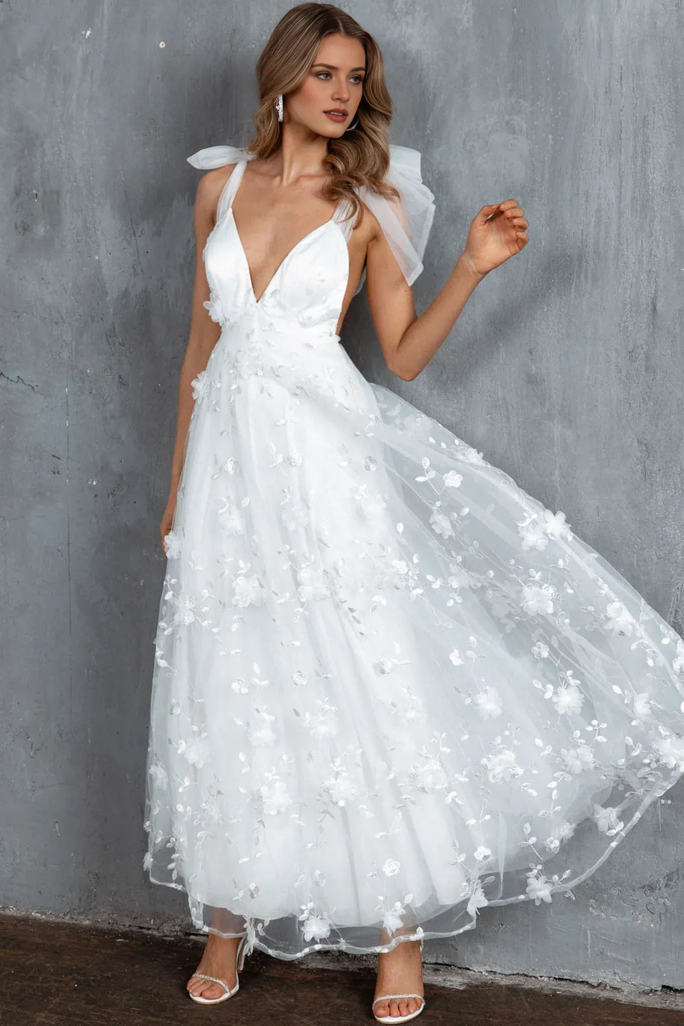 Robe Weitese longue à épaules nouées, col en V, dos nu, blanche, sans manches, coupe trapèze, robe de bal